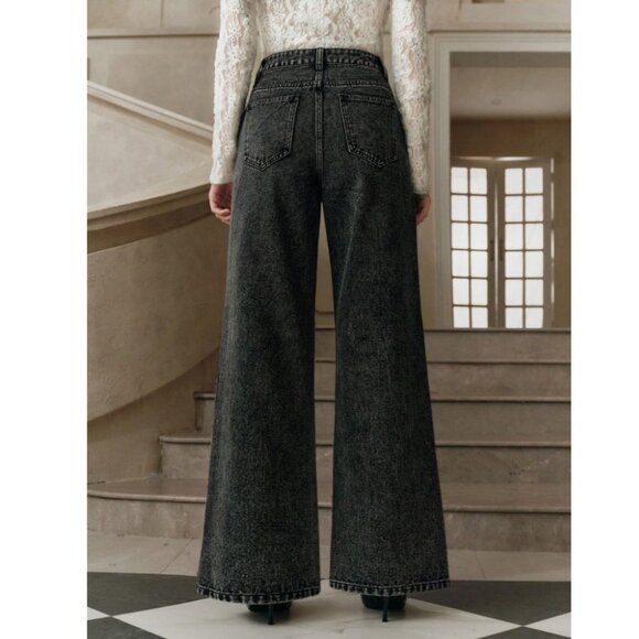 Boutique Chic Black Lace Overlay Wide-Leg Jeans |High Waist Statement Denim - Picture 3 of 3